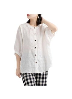 Generic Loose Cotton Linen Womens Shirt Spring Summer New Style Lantern Sleeve Midi Sleeve Vintage Artistic Top plus Size Female Blouse Yellow  - Image 3