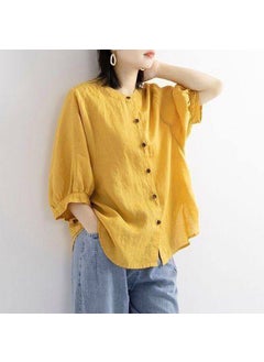 Generic Loose Cotton Linen Womens Shirt Spring Summer New Style Lantern Sleeve Midi Sleeve Vintage Artistic Top plus Size Female Blouse Yellow  - Image 1