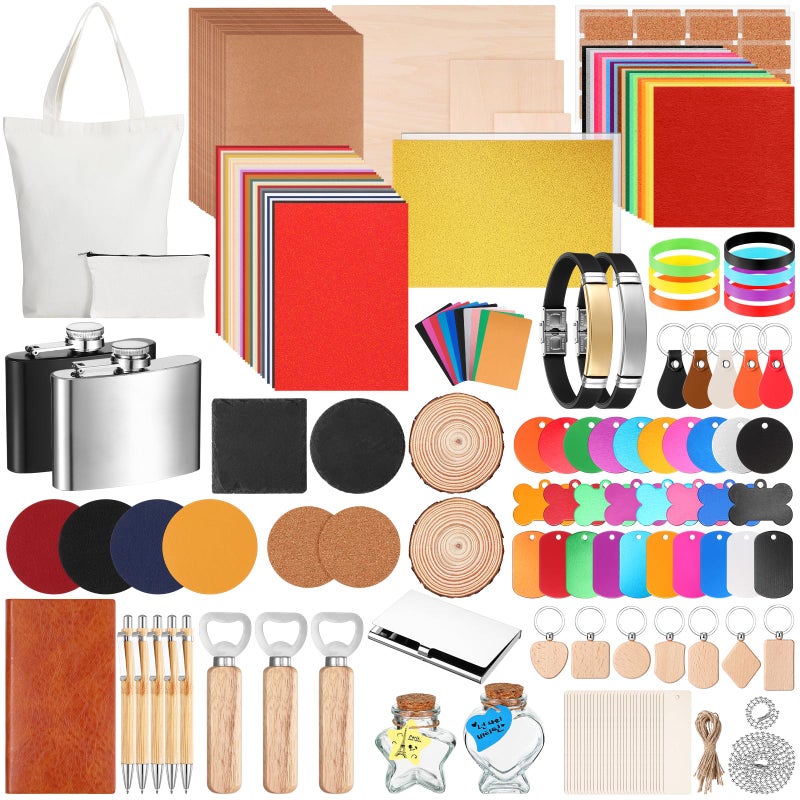 Dunzoom 257 Pcs Laser Material Kit Laser Engraving Materials Including Acrylic, Metal, Wood, Fabric, PU Leather, Glass, Rock, Rubber Materials for Laser Engravers and Laser Cutters - Image 1