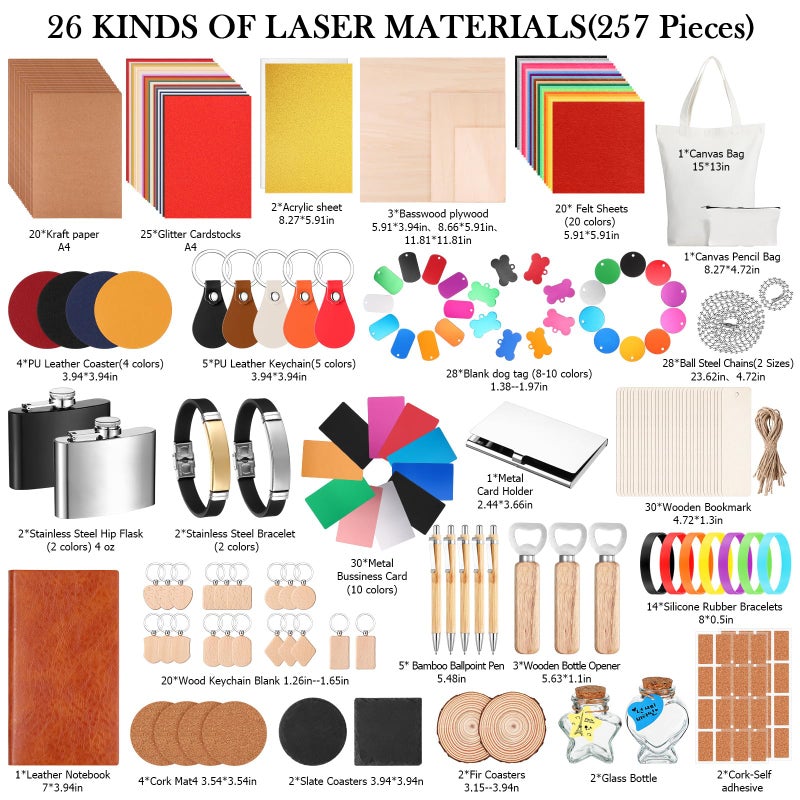 Dunzoom 257 Pcs Laser Material Kit Laser Engraving Materials Including Acrylic, Metal, Wood, Fabric, PU Leather, Glass, Rock, Rubber Materials for Laser Engravers and Laser Cutters - Image 2