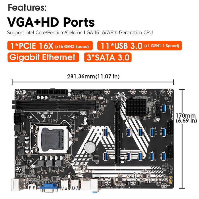 BTC-B250S Motherboard Support Intel Core/Pentium/Celeron LGA1151 6/7/8th Generation CPU Onboard VGA+HD 1*PCI-E 16X+11*USB3.0 Slots - Image 3