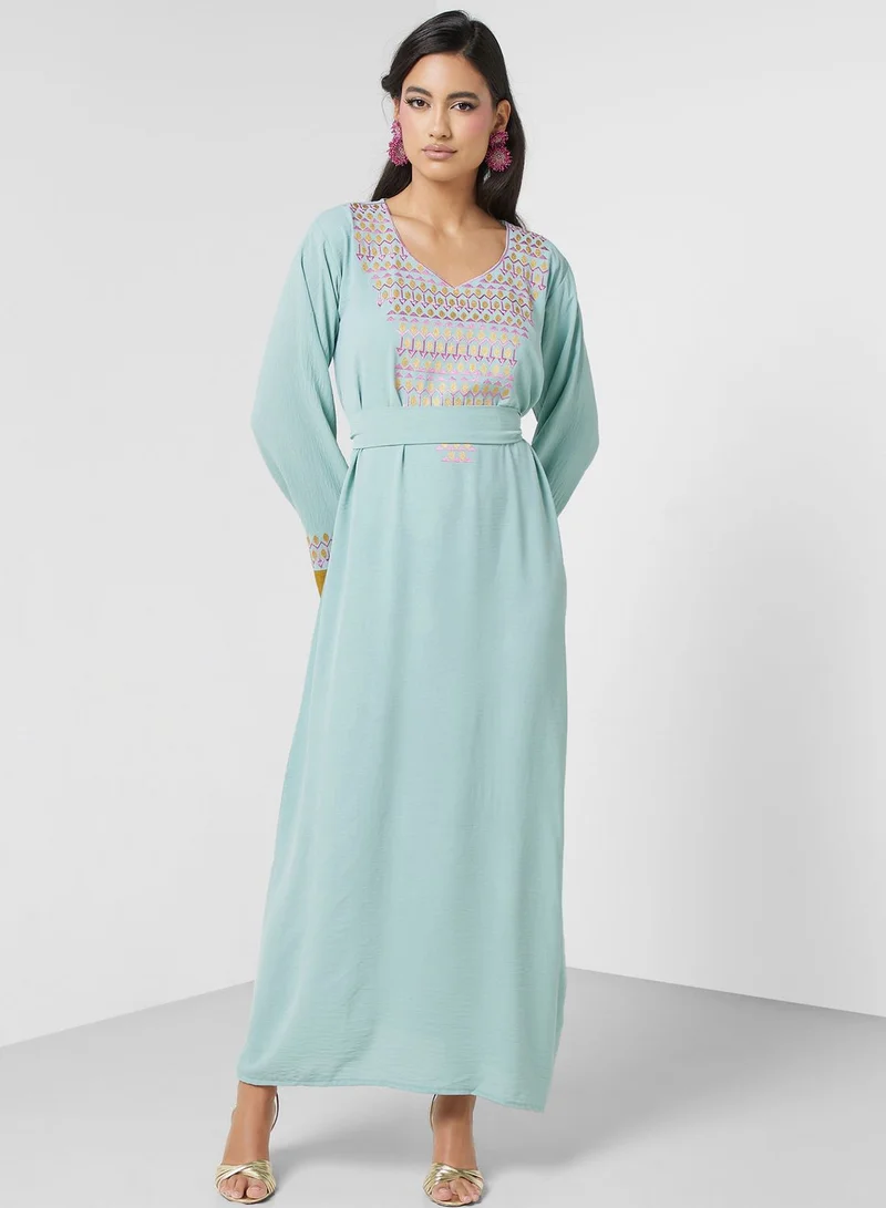 hayas closet Embroidered Belted Jalabiya