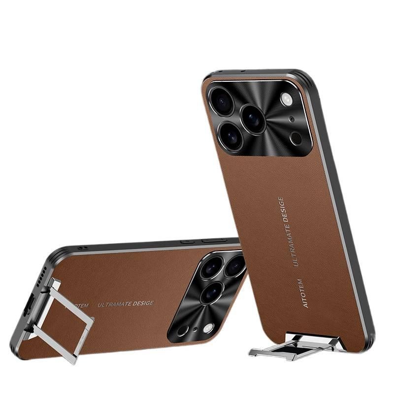 MS غطاء واقي، Elegant Brown ملمس جلد، حماية من السقوط، حامل قابل للطي، مقاوم للصدمات لـ iPhone 17 / 17 Air / 17 Pro / 17 Pro Max بوظيفة حامل باللون البني - Image 1
