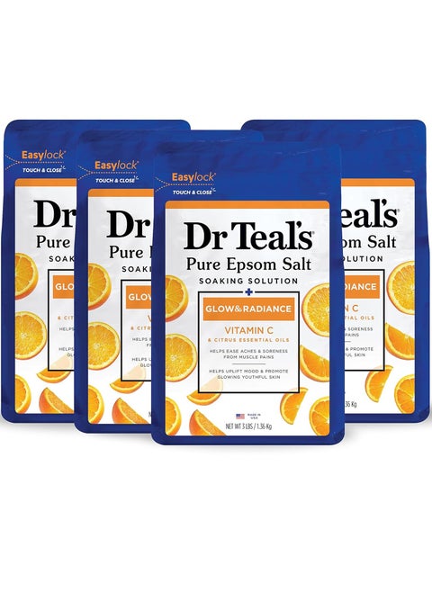 Dr Teal's Pure Epsom Magnesium Salt Soak, Glow & Radiance with Vitamin C & Citrus Essential Oils, 3 lbs (Pack of 4)