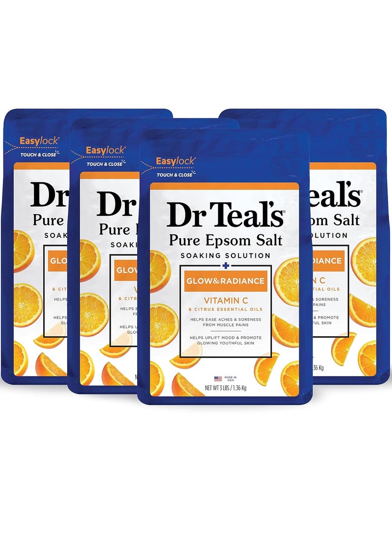 Dr Teal's Pure Epsom Magnesium Salt Soak, Glow & Radiance with Vitamin C & Citrus Essential Oils, 3 lbs (Pack of 4)