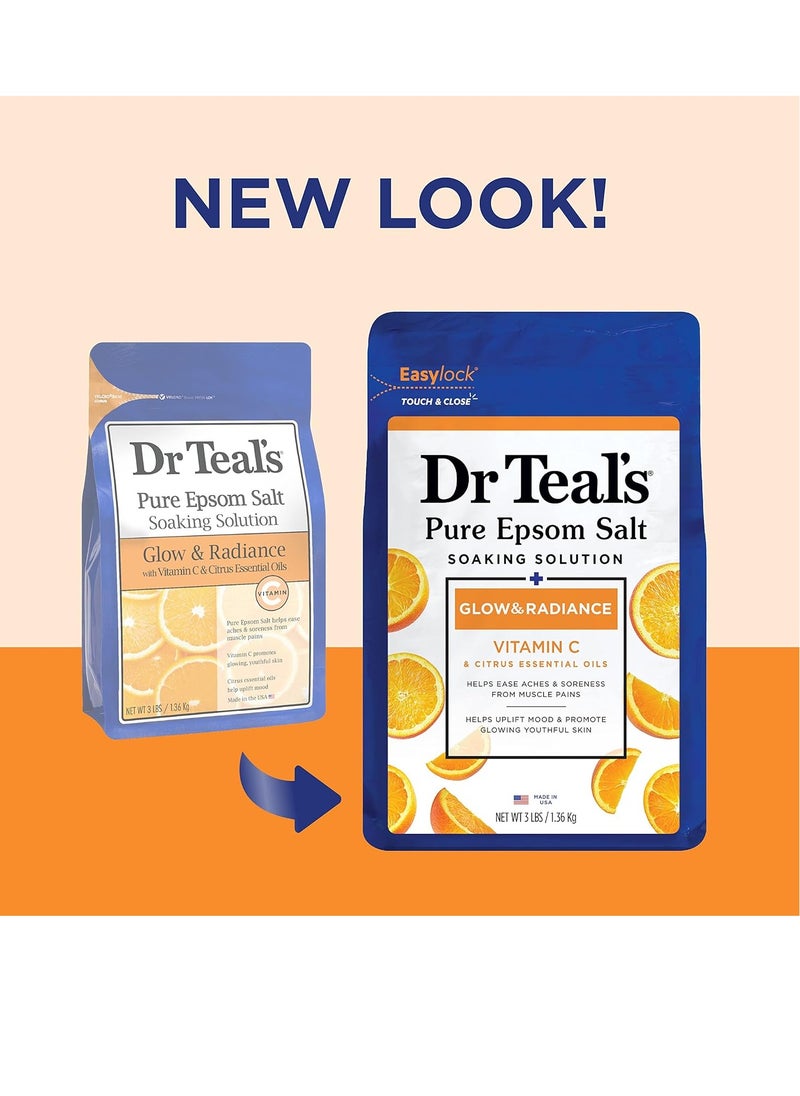Dr Teal's Pure Epsom Magnesium Salt Soak, Glow & Radiance with Vitamin C & Citrus Essential Oils, 3 lbs (Pack of 4)