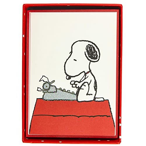 Graphique Peanuts Typewriter Boxed Notecards, 16 Snoopy at Typewriter Cards Embellished with Glitter, with Matching Envelopes and Storage Box, 3.25" x 4.75" - Image 1