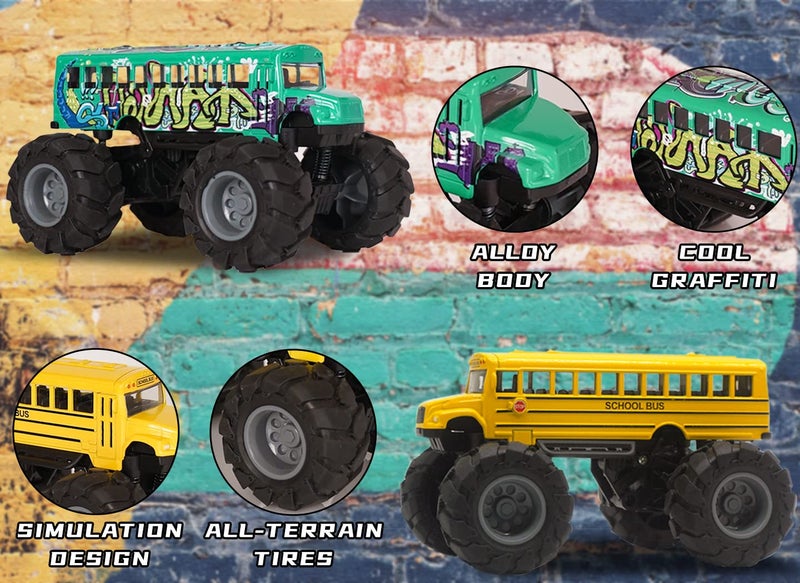 Crelloci 2 Pack School Bus Monster Truck Toy Die Cast Big Wheel Monster Truck Green Yellow Pull Back Car Toys Play Vehicle Gifts for Kids Toddlers Boys Age 3 - Image 3