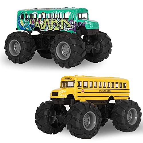 Crelloci 2 Pack School Bus Monster Truck Toy Die Cast Big Wheel Monster Truck Green Yellow Pull Back Car Toys Play Vehicle Gifts for Kids Toddlers Boys Age 3 - Image 1