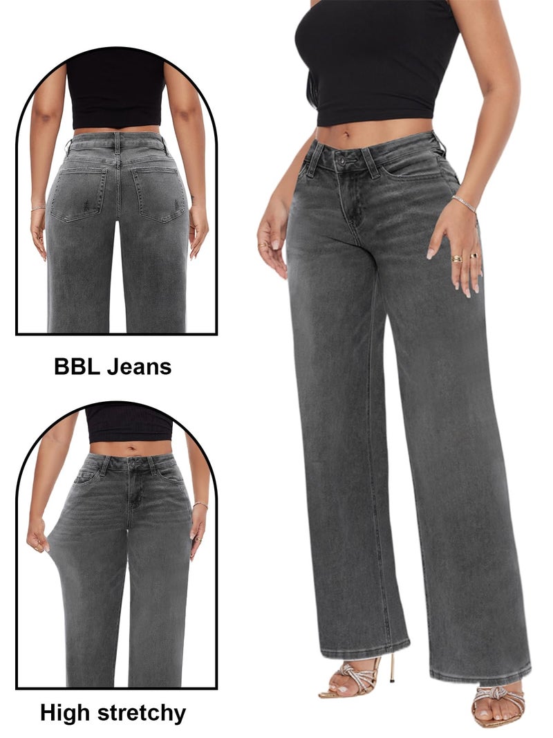 ONESO Mid-Low Rise Baggy Jeans Wide Leg for Women Distressed Pants Stretchy Bottom Lady Basic Comfortable Denim - Image 5