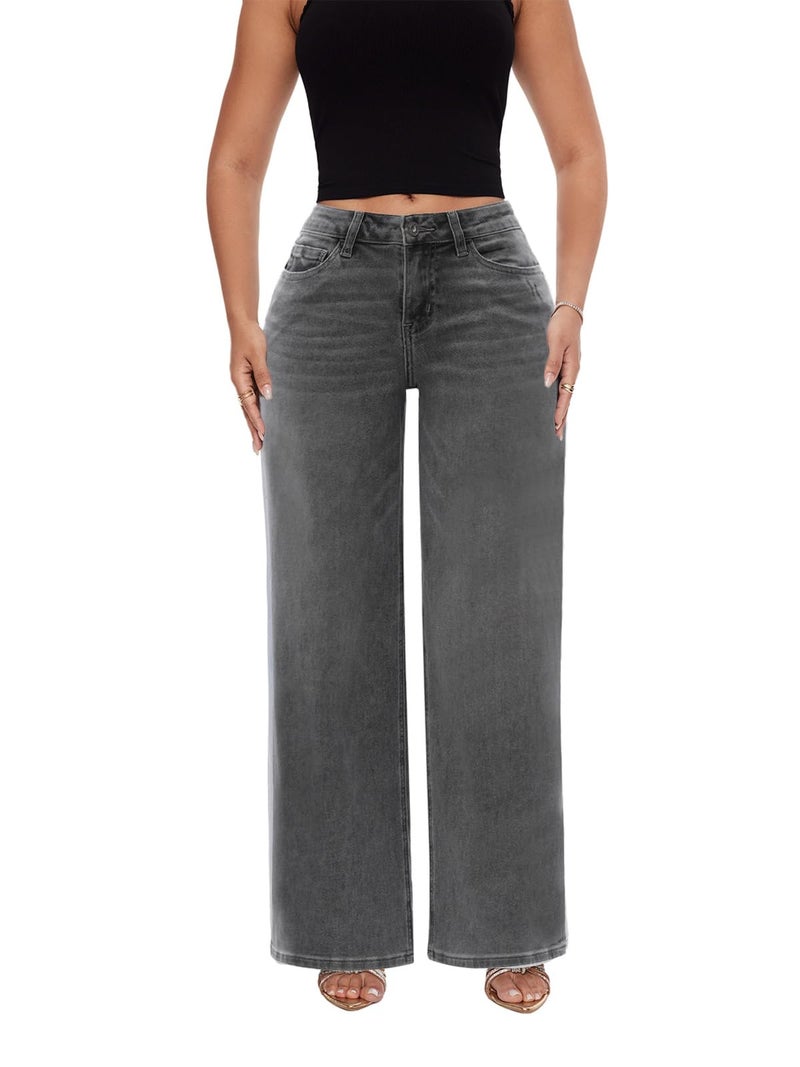 ONESO Mid-Low Rise Baggy Jeans Wide Leg for Women Distressed Pants Stretchy Bottom Lady Basic Comfortable Denim - Image 1