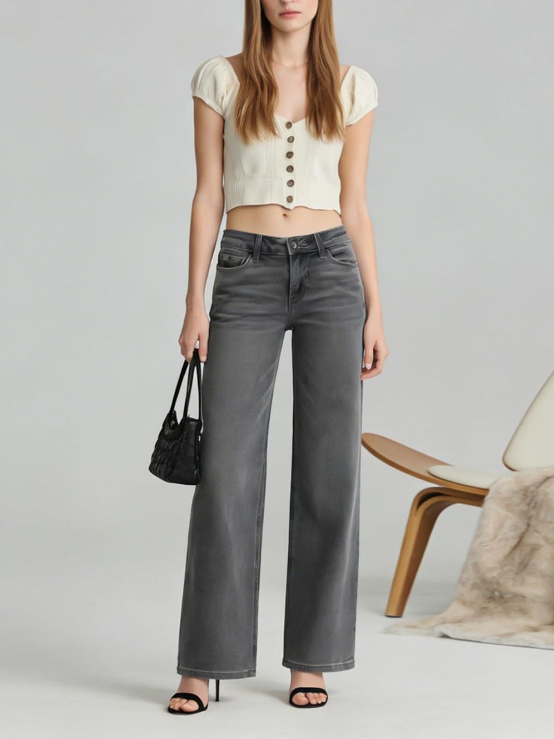 ONESO Mid-Low Rise Baggy Jeans Wide Leg for Women Distressed Pants Stretchy Bottom Lady Basic Comfortable Denim - Image 3