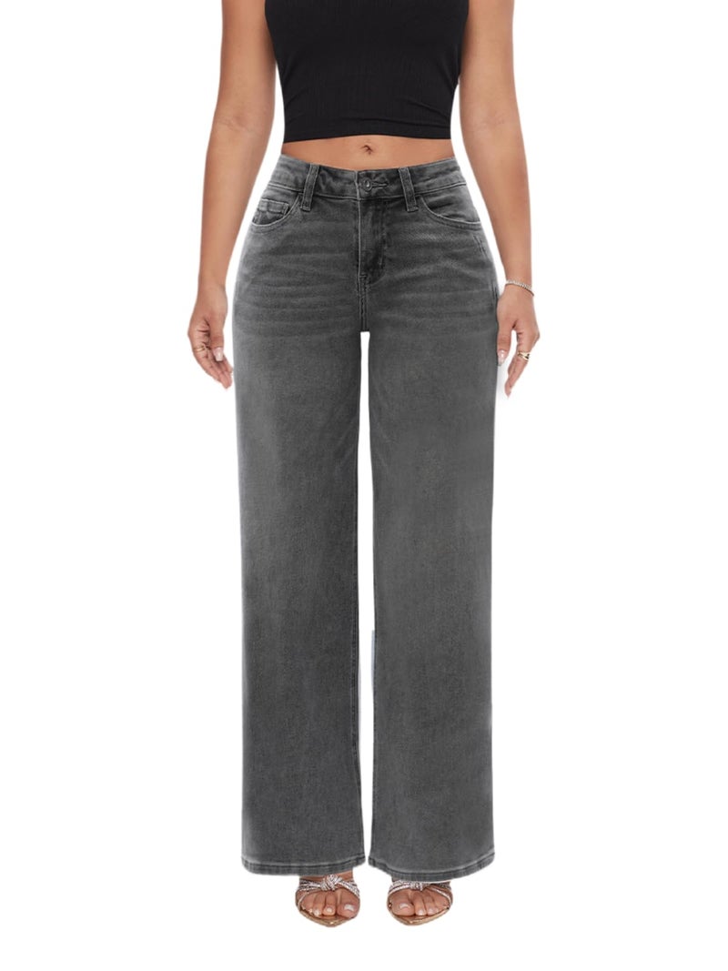ONESO Mid-Low Rise Baggy Jeans Wide Leg for Women Distressed Pants Stretchy Bottom Lady Basic Comfortable Denim - Image 4