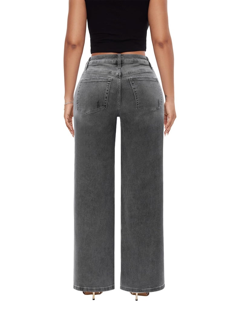 ONESO Mid-Low Rise Baggy Jeans Wide Leg for Women Distressed Pants Stretchy Bottom Lady Basic Comfortable Denim - Image 2