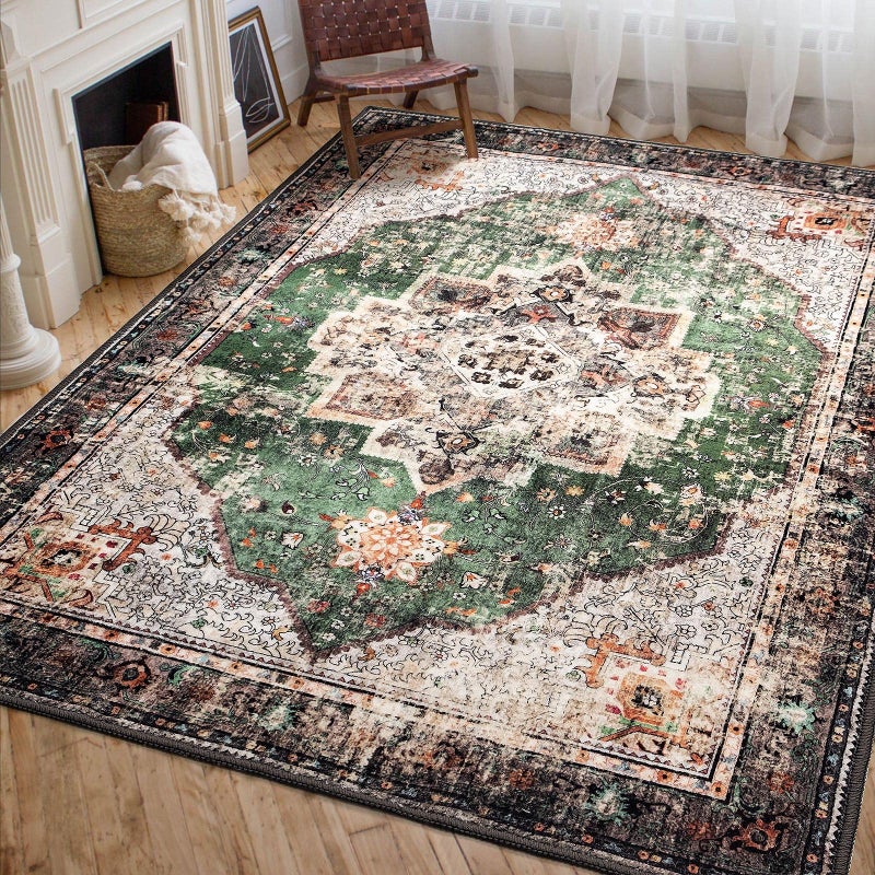 YesRug Area Rug 5x7 for Living Room Green Boho NonSlip Washable Rug Vintage Low Pile Large Rug for Bedroom Dining Room