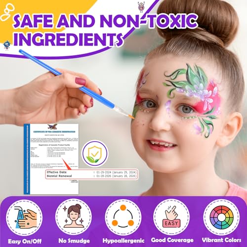 Toyze Face Painting Kit for Kids, 24 Colors Water Based Non-Toxic Face Paint with Stencils & Brushes, Professional Body Makeup Set for Halloween, Birthday, Parties with Guide Book Art and Craft Art Supplies - Image 2