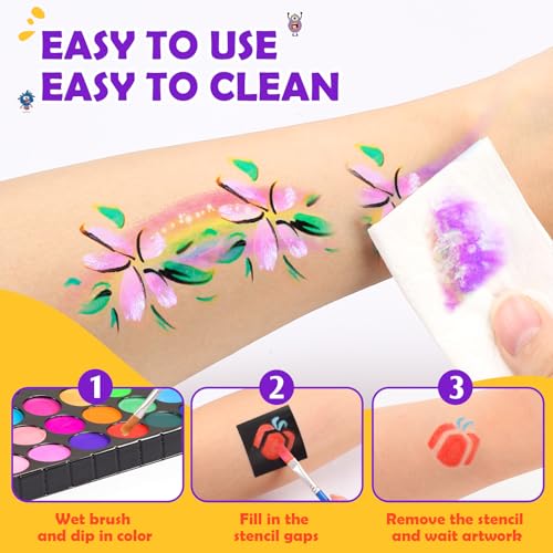 Toyze Face Painting Kit for Kids, 24 Colors Water Based Non-Toxic Face Paint with Stencils & Brushes, Professional Body Makeup Set for Halloween, Birthday, Parties with Guide Book Art and Craft Art Supplies - Image 4