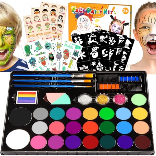 Toyze Face Painting Kit for Kids, 24 Colors Water Based Non-Toxic Face Paint with Stencils & Brushes, Professional Body Makeup Set for Halloween, Birthday, Parties with Guide Book Art and Craft Art Supplies - Image 1