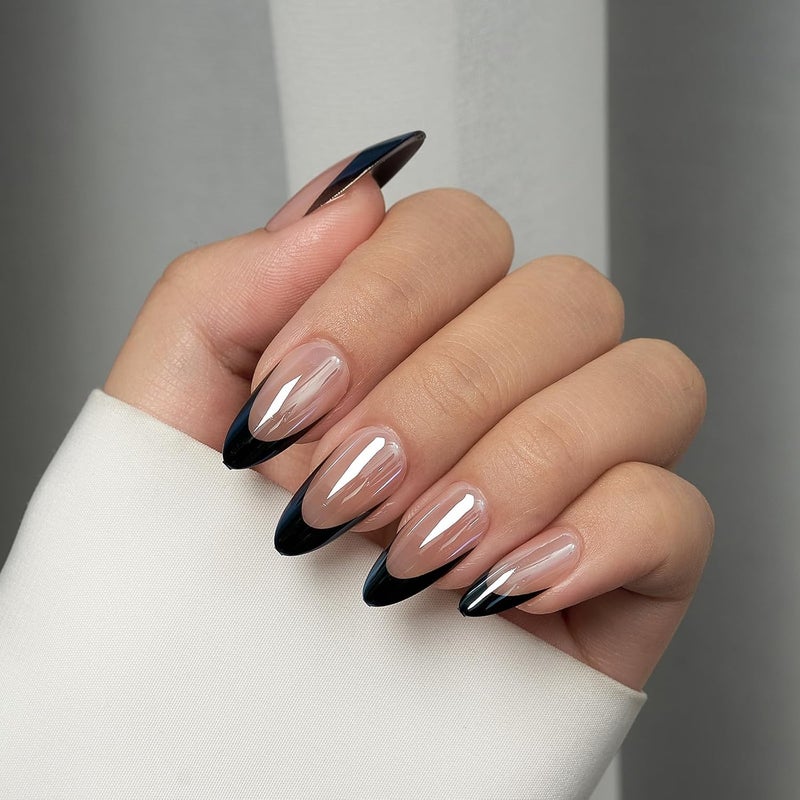 BTArtbox French Tip Press On Nails - Short Almond Press on Nails, Glue On Nails for Gift, Natural Reusable Stick On Nails in 15 Sizes - 30 Fake Nails Kit, Black Swan Easy assemble - Image 3