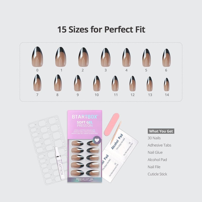 BTArtbox French Tip Press On Nails - Short Almond Press on Nails, Glue On Nails for Gift, Natural Reusable Stick On Nails in 15 Sizes - 30 Fake Nails Kit, Black Swan Easy assemble - Image 5