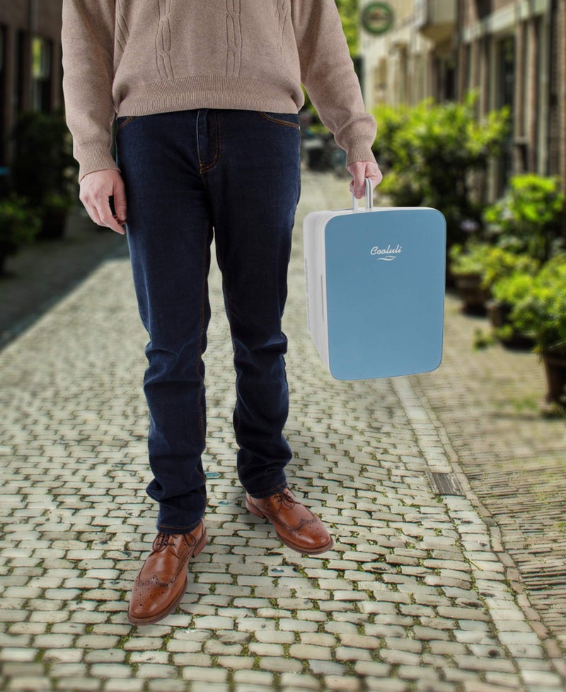 Cooluli 10L Mini Fridge for Bedroom - Car, Office Desk & College Dorm Room - 12v Portable Cooler & Warmer for Food, Drinks, Skincare, Beauty & Makeup - AC/DC Small Refrigerator with Glass Front, Blue - Image 4