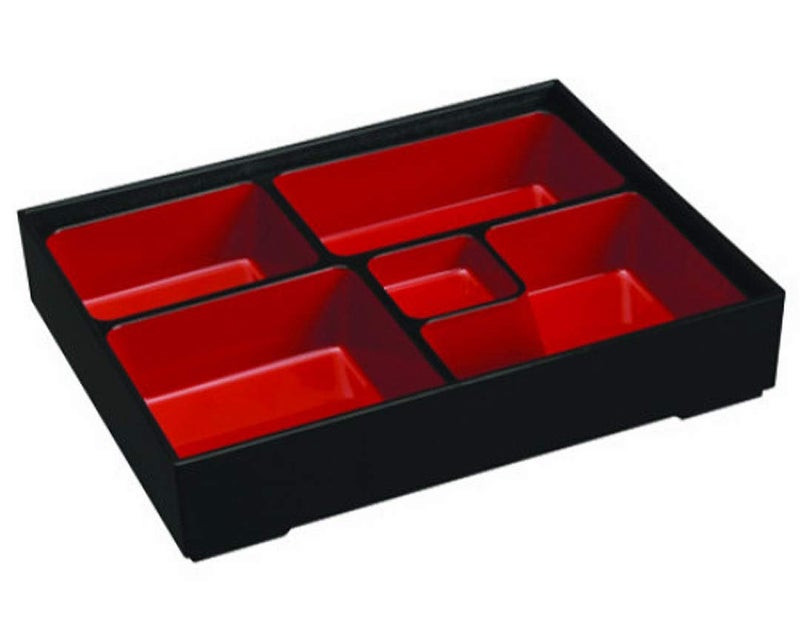Happy Sales HSLQ-RTG108  Japanese Sushi Tray Lunch Box Bento box Traditional Plastic Lacquered Box for Restaurant or Home Made in Japan  Rectangle Design Red and Black - Image 1