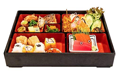 Happy Sales HSLQ-RTG108  Japanese Sushi Tray Lunch Box Bento box Traditional Plastic Lacquered Box for Restaurant or Home Made in Japan  Rectangle Design Red and Black - Image 2
