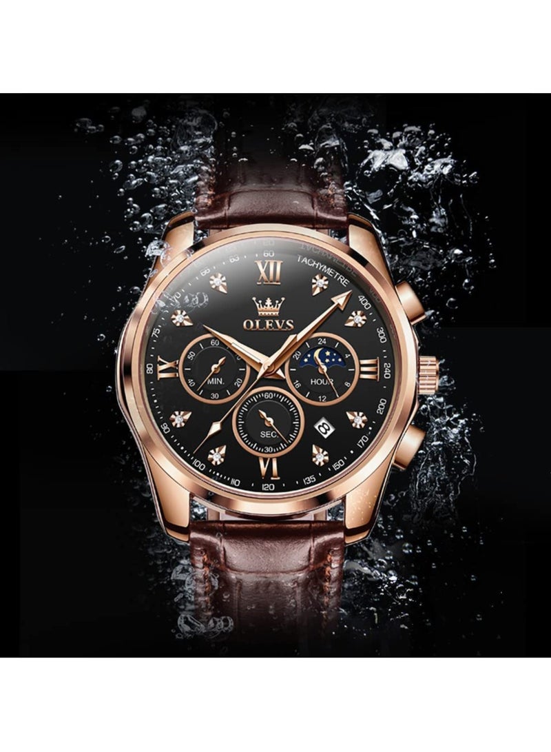 أوليفز ساعة OLEVS للرجال بحزام جلدي ومرحلة القمر كاجوال كلاسيكية تناظرية كوارتز بتقويم 3ATM مقاومة للماء ومضيئة للرجال - Image 5