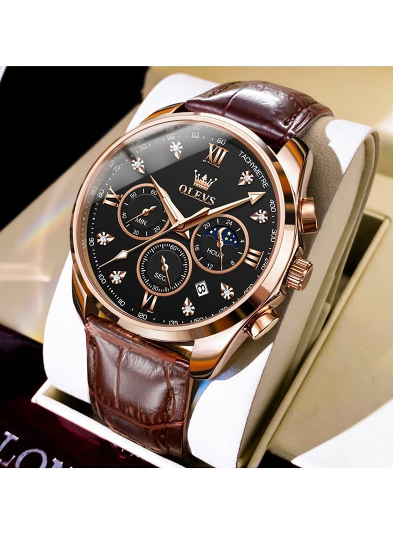 أوليفز ساعة OLEVS للرجال بحزام جلدي ومرحلة القمر كاجوال كلاسيكية تناظرية كوارتز بتقويم 3ATM مقاومة للماء ومضيئة للرجال - Image 2