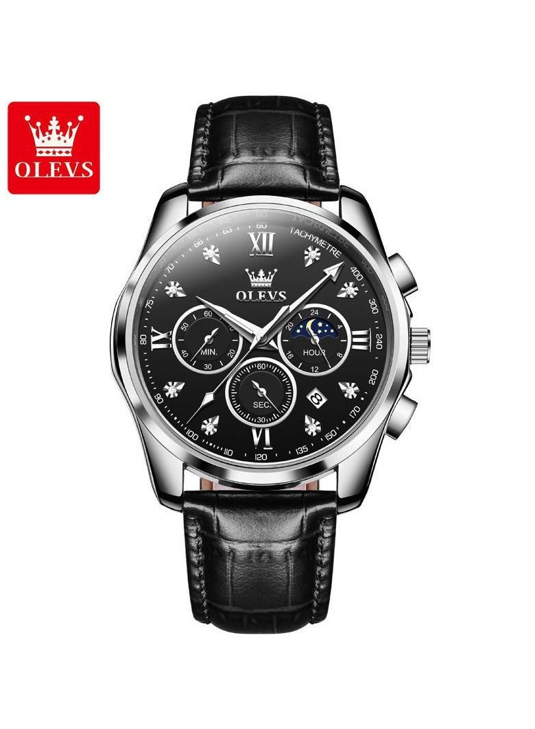 أوليفز ساعة OLEVS للرجال بحزام جلدي ومرحلة القمر كاجوال كلاسيكية تناظرية كوارتز بتقويم 3ATM مقاومة للماء ومضيئة للرجال - Image 1