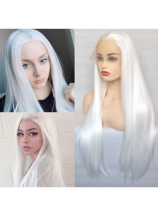 BLUPLE Long Straight Lace Front Wigs #1001 Platinum White Natural Heat Resistant Synthetic Hair Half Hand Tied Wigs For Cosplay Daily Wear (22 Inches, Straight,White)