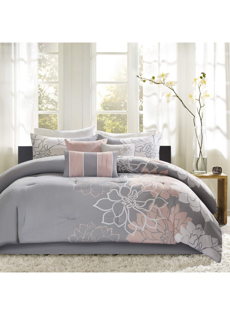 madison park Madison Park Sateen Cotton Comforter Set Breathable Soft Cover Modern Print All Season Down Alternative Cozy Bedding with Matching Shams Floral Taupe GreyPeach King 7 Piece 