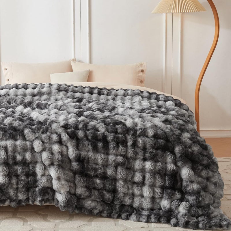 COOVA Faux Fur Throw Blanket for Couch, Cozy Soft and Fuzzy Plush Rabbit Fur Bubble Blanket for Sofa Bedroom Living Room, 60x80 Inches Tie Dye Light Grey - Image 2