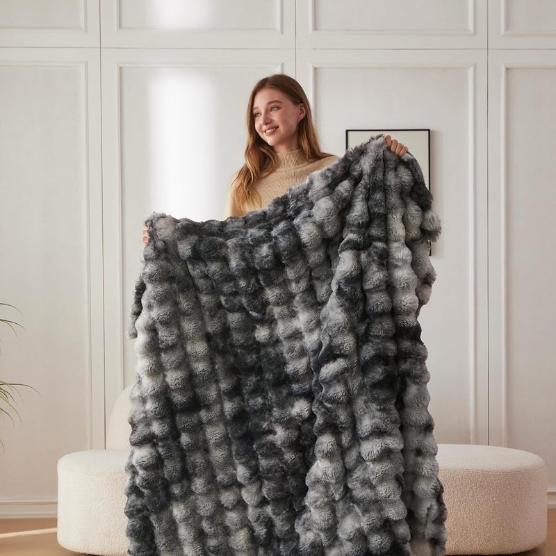 COOVA Faux Fur Throw Blanket for Couch, Cozy Soft and Fuzzy Plush Rabbit Fur Bubble Blanket for Sofa Bedroom Living Room, 60x80 Inches Tie Dye Light Grey - Image 4