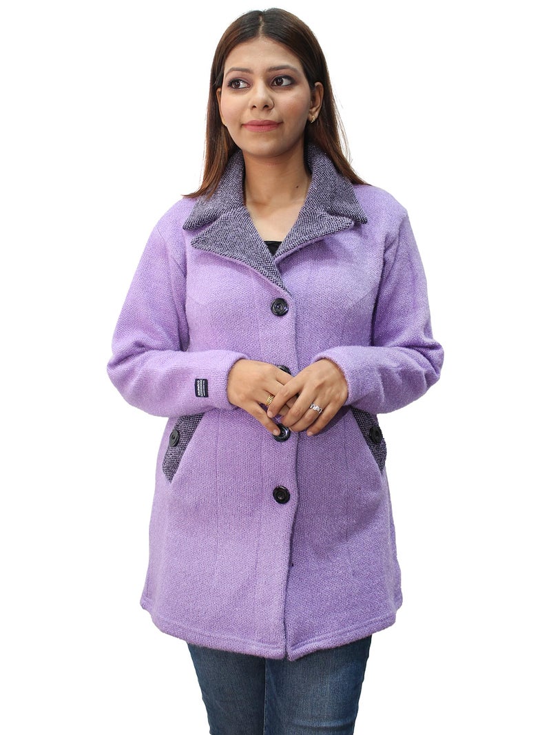 Matelco Womens Woollen Collared Coat Cardigan (IN, Alpha, 2XL, Lavender), Long Length - Image 1
