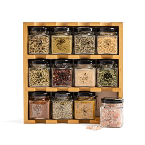 TILZ GEAR Wooden 3-Tier Spice Rack, 12 Filled Glass Jars, 12 Organic Spices Included, Brown - Image 3