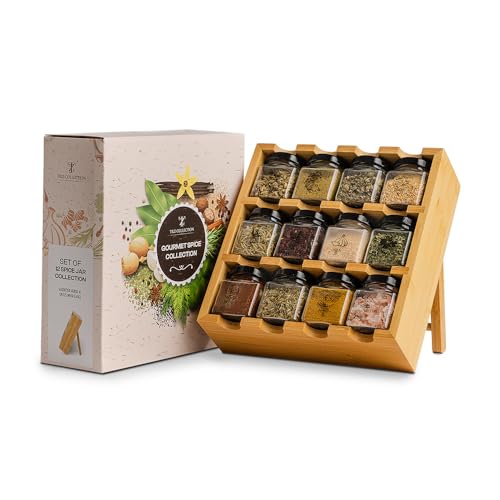 TILZ GEAR Wooden 3-Tier Spice Rack, 12 Filled Glass Jars, 12 Organic Spices Included, Brown - Image 1