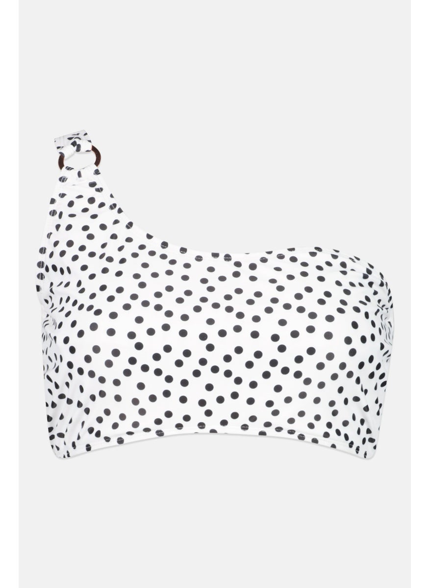 Ivory Rose - Women Polka Dot One Shoulder Bikini Top, White - Image 1