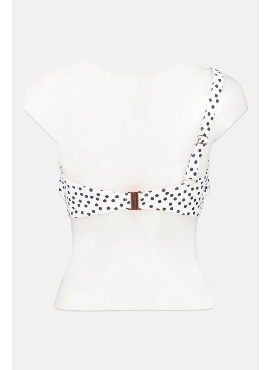 Ivory Rose - Women Polka Dot One Shoulder Bikini Top, White - Image 1