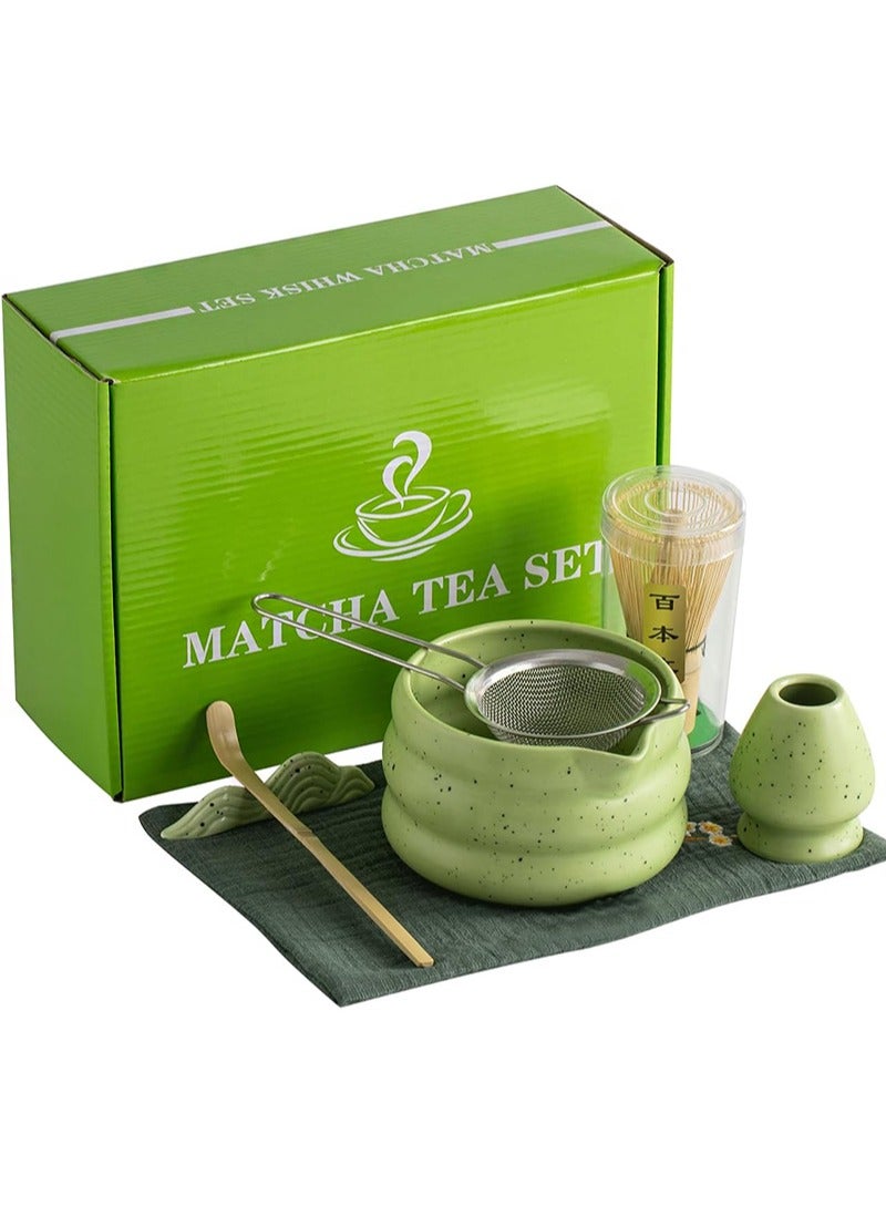Aikanbo 7Pcs Matcha Tea Set，Matcha Kit with Matcha Bowl (with Pouring Spout)，Matcha Whisk，Whisk Holder，Strainer - Elegant Matcha Set for Gifting and Personal Use，Gift Box Packaging (Green) - Image 1