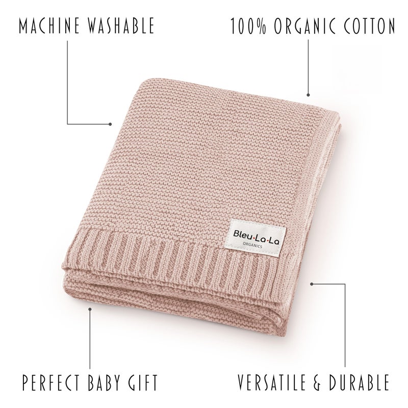 Bleu La La Heritage Knit Organic Receiving Swaddle Blanket for Girls - 100% Luxury Organic Cotton Soft Knit Warm Cozy Cuddle Blanket for Newborns Infants & Toddlers (0-2Yrs - Blush Pink) - Image 3