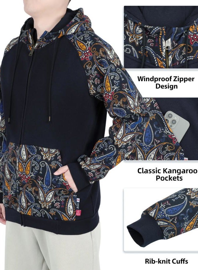 BOCOMAL FR Hoodies Paisley Printed Zipper Front 10.5oz Cotton Fleece Flame Resistant Hooded Sweatshirts NFPA2112 CAT2, Navy Paisley 1021, XL - Image 3
