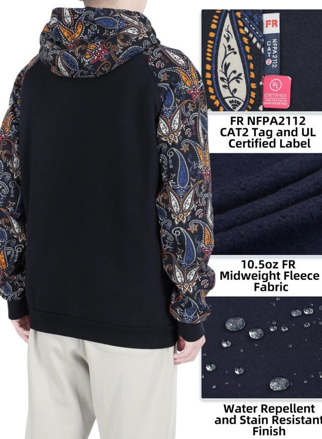 BOCOMAL FR Hoodies Paisley Printed Zipper Front 10.5oz Cotton Fleece Flame Resistant Hooded Sweatshirts NFPA2112 CAT2, Navy Paisley 1021, XL - Image 4