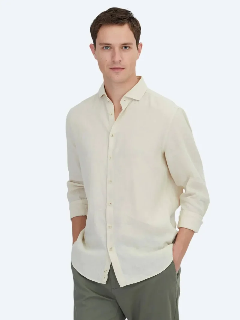 Kip Yellow Plain Regular Fit Weaving Casual Cotton Blended Shirt