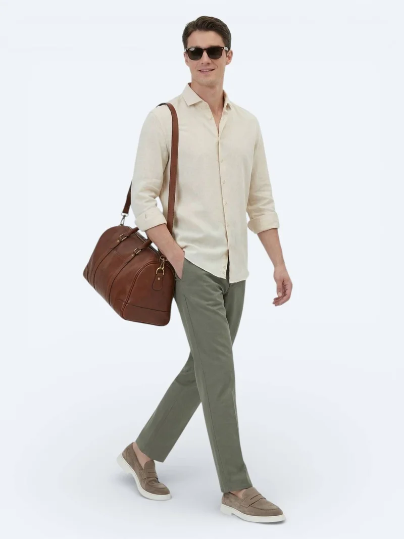 Kip Yellow Plain Regular Fit Long Weaving Casual Cotton Blended Shirt