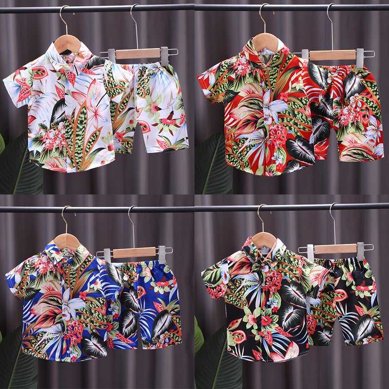 Children'S Flower Shirt Suit 0-4 Years Old Boy Full Printed Short Sleeve T-Shirt Two-Piece Set Southeast Asian Style Children'S Clothing - Image 2