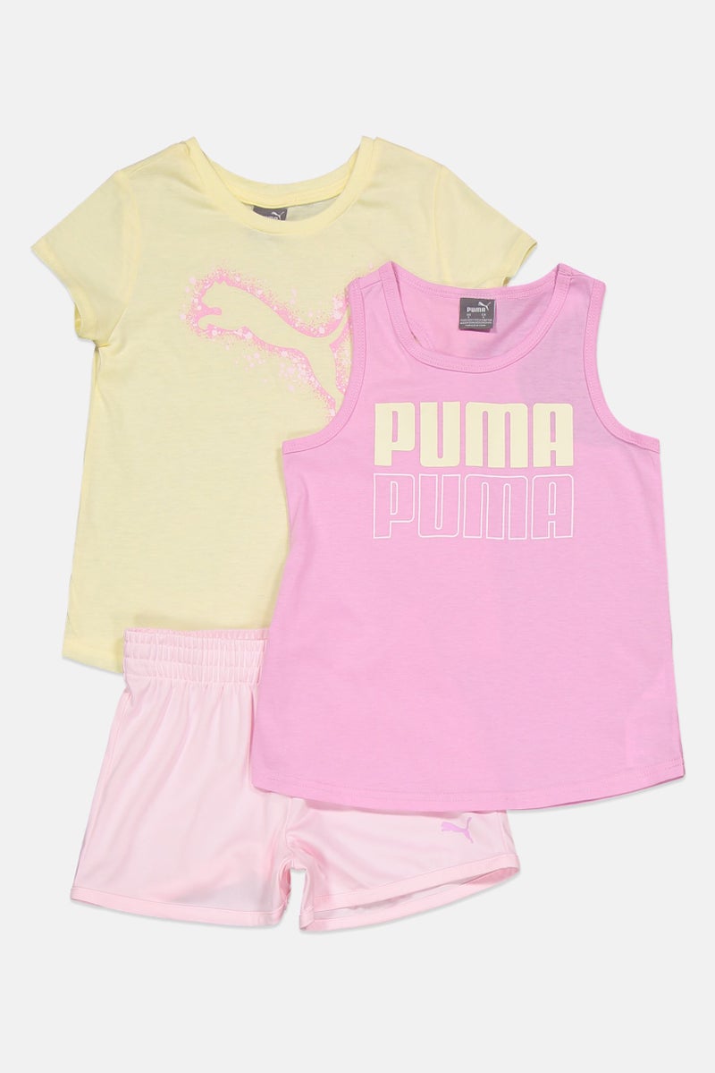 PUMA ملابس رياضية للبنات 3 قطع تناسب القمصان والسراويل القصيرة، أصفر وردي - Image 1