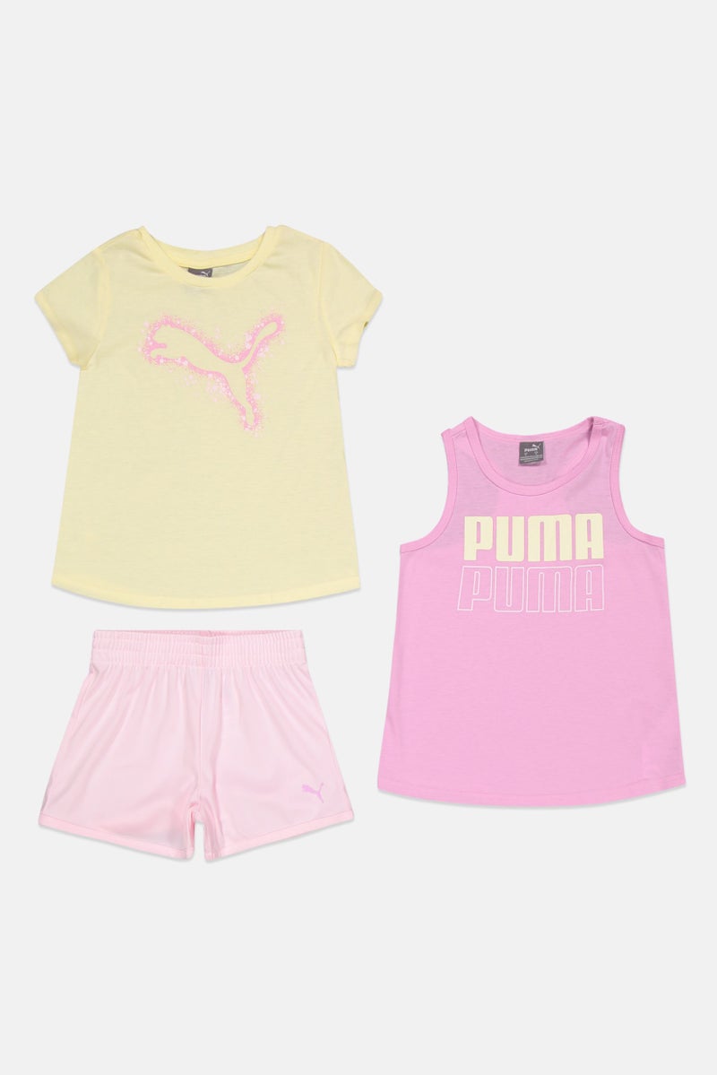 PUMA ملابس رياضية للبنات 3 قطع تناسب القمصان والسراويل القصيرة، أصفر وردي - Image 3