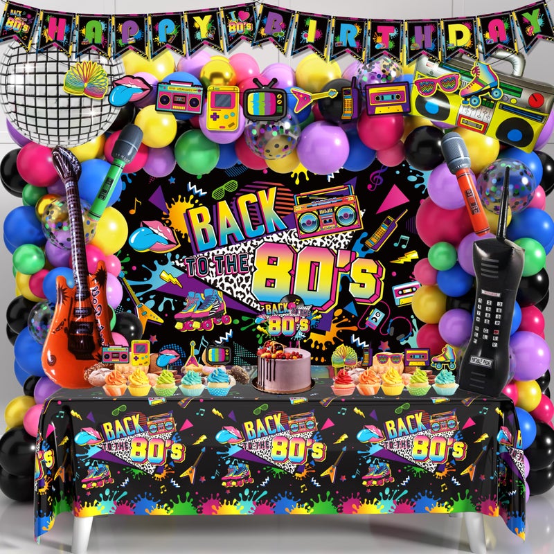 Fayoo 80s Party Decorations 90s Theme Birthday Decorations 80s Party Supplies with Back To The 80s Backdrop Tablecloth HAPPY BIRTHDAY Bannner Radio Boombox and Mobile Phone Balloon Arch Kit - Image 2