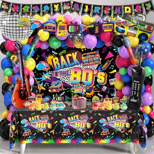 Fayoo 80s Party Decorations 90s Theme Birthday Decorations 80s Party Supplies with Back To The 80s Backdrop Tablecloth HAPPY BIRTHDAY Bannner Radio Boombox and Mobile Phone Balloon Arch Kit - Image 1